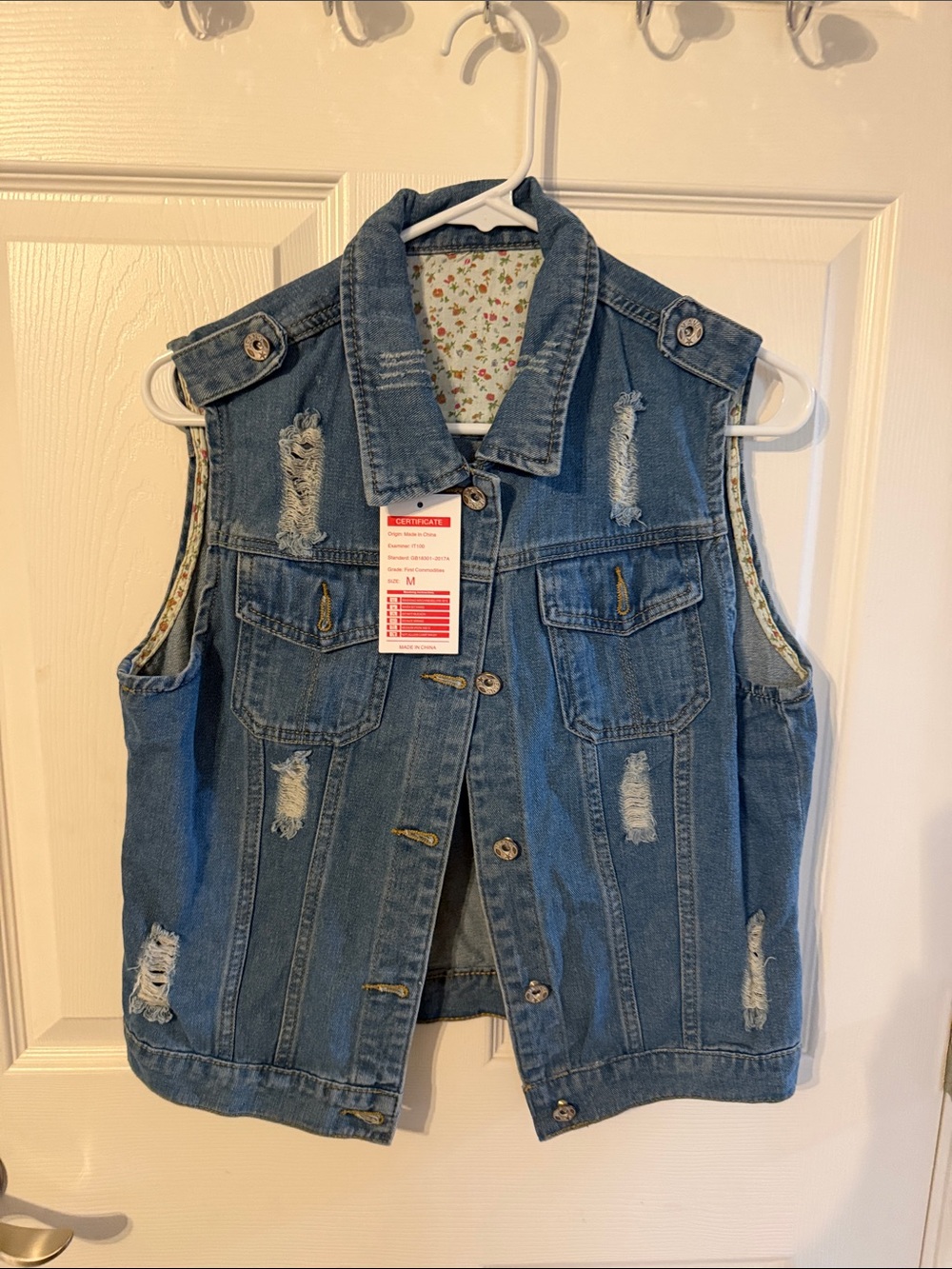 Distressed Blue Denim Vest with Floral Lining